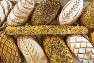 Different kinds of breads seen from above