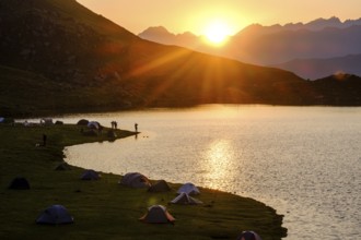 First light in the morning front Midi d Ossau, Gentau lake, Ayous lakes tour, Pyrenees National