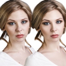 Comparison portrait of young blond woman before and after retouch