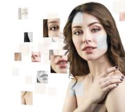 Young woman's face collected from different parts over white background