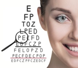 Man with glasses on eyesight test isolated on white background