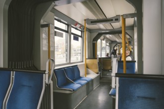 High-speed tram on the city street. Modern Tram In Dusseldorf, Germany October 20, 2018. Tram