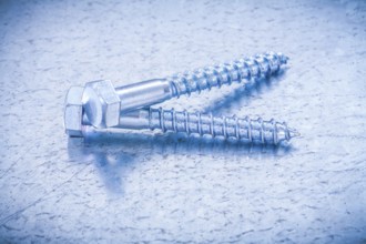 Pair of threaded screw bolts on metallic background construction concept