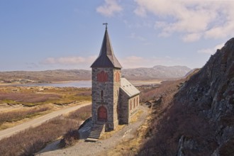 Kong Oscar II Chapel (capel) in sunny spring weather near the Russian border, Grense Jakobselv,