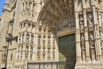 Seville cathedral facade in Constitucion avenue of Sevilla Andalusia Spain