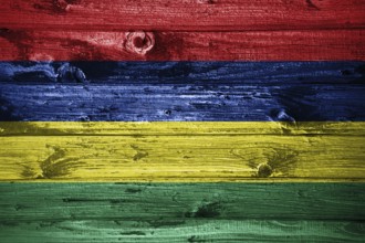 Mauritius flag on wooden planks background wood flag