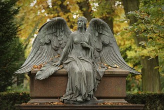 Angel figure with wings at the Melaten cemetery in autumn