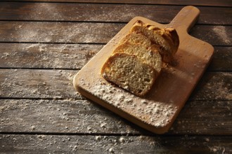 Bread sliced loaf on wooden board in rustic wood table