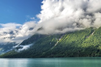 Beautiful landscape at the glacier lake in Loen in Norway during summer time