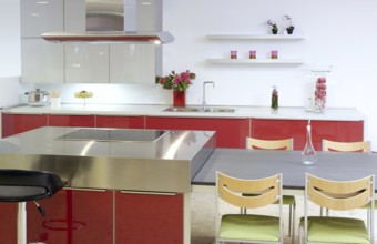 Red island kitchen silver modern interior house architecture