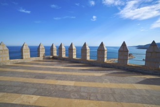 Rooftop of Peniscola castle in Castellon with Mediterranean sea view of Spain