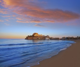 Peniscola skyline and castle beach sunset in Castellon of Spain
