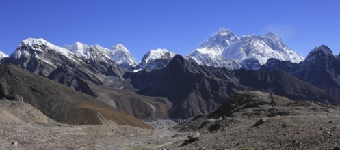 Mount Everest and other high mountains seen from below Renjo Pass, Nepal, Asia