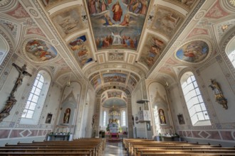 Main altar and ceiling frescoes, St. Blasius Catholic Parish Church in Dietmannsried, Allgäu,