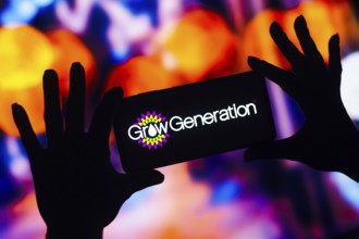 In this photo illustration, the GrowGeneration logo is displayed on a smartphone mobile screen