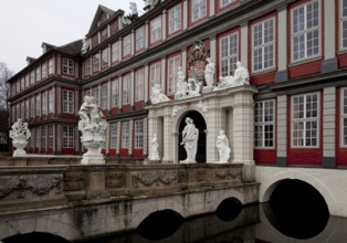 Wolfenbüttel Castle Portal façade partial view with moat and castle bridge present appearance
