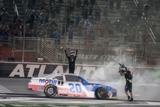 NASCAR Xfinty Driver, John Hunter Nemechek (20) celebrates his win for the Alsco Uniforms 250 at