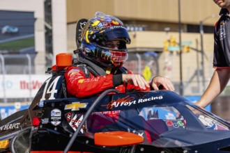 INDYCAR driver, SANTINO FERRUCCI (14) of Woodbury, Connecticut, prepares to practice for the