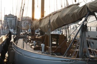 Yachts moored in Cannes at sunset. Cannes bay