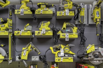 RYOBI cordless tools, grinders, drills, saws in a DIY store, Allgäu, Swabia, Bavaria, Germany,