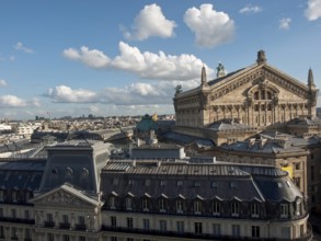 View over the roofs of a city with a high, richly decorated building, Paris, France, Europe