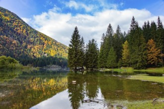 Midday in a mountain valley. Picturesque shallow lake Fuzine of glacial origin. The lake shores are