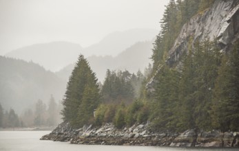 Misty forested mountains and rocky coastline bordering a calm body of water along the Sea to Sky