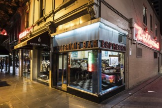 MELBOURNE, AUSTRALIA - OCTOBER 10, 2024: Melbourne's Pellegrini's Espresso Bar at night on October