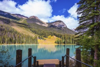 Magic Emerald Lake in Yoho National Park, Rocky Mountains. The descent to the water on the lake