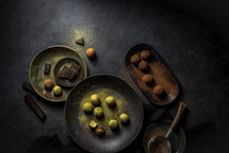 Overhead big plate with green truffle Matcha and plate with brown truffles balls with powder and