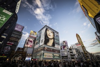OSAKA, JAPAN - SEPTEMBER 26 2024: The view down Dotonbori River from Ebisubashi Bridge on a clear