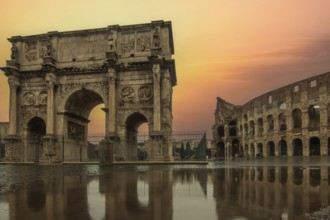 Rainy weather in the morning, sunrise in an old historic city. Beautiful details and historic Roman