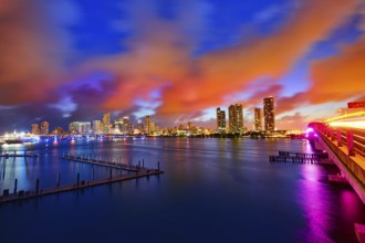 Miami downtown skyline sunset in Florida USA
