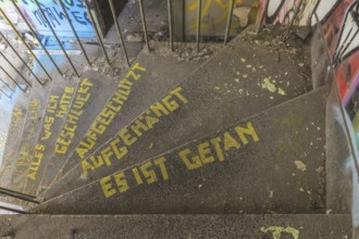 Graffiti-covered staircase with yellow text: Everything I had swallowed, slashed, hung up, it's