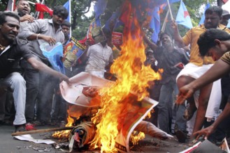 Supporters of several Tamil nationalist parties burn effigies stage protest against the Kaveri