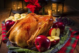 Festive stuffed roast goose with red cabbage and dumplings
