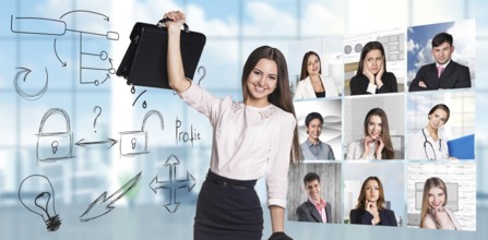 Collage of people from different professions squared blocks with business concept and businesswoman