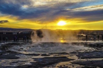 Geysir geyser and sunrise Iceland. Shooting Location: Iceland, Reykjavik