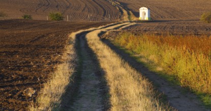 Small chapel in the autumn field. Autumn landscape with agricultural land, recently plowed and