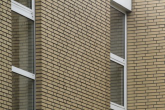 Tan brick wall and windows create a modern and stylish exterior for a building
