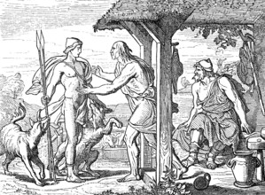 Odysseus sits by the fire as Eumaeus discovers Telemachus at the entrance of his hut, Homer's