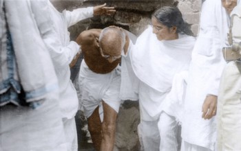 Mahatma Gandhi visiting village after Hindu Muslim riots, East Bengal, India, Asia, November 1946,