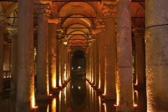 Illuminated cistern of the sunken palace basilica, Istanbul, Turkey Istanbul, Turkey, Asia