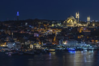A picture of the Suleymaniye Mosque and the Golden Horn waterfront at night
