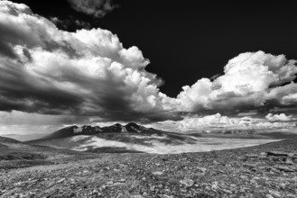Rain shower over the Acre Massif, Stora Sjöfallet National Park, World Heritage Laponia,