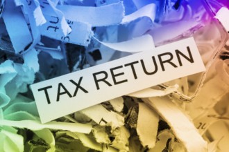 Paper shreds with the keyword Tax Return, symbolic photo for data destruction, data protection and