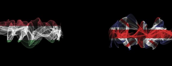 Flags of Hungary and United Kingdom on Black background, Hungary vs United Kingdom Smoke Flags