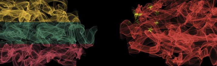 Flags of Lithuania and China on Black background, Lithuania vs China Smoke Flags