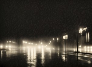 Film noir style image of a wet road in the rain at night with vehicle headlights and surrounding