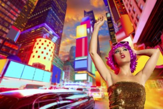 Party girl pink wig dancing in Times Square of New York Photomount